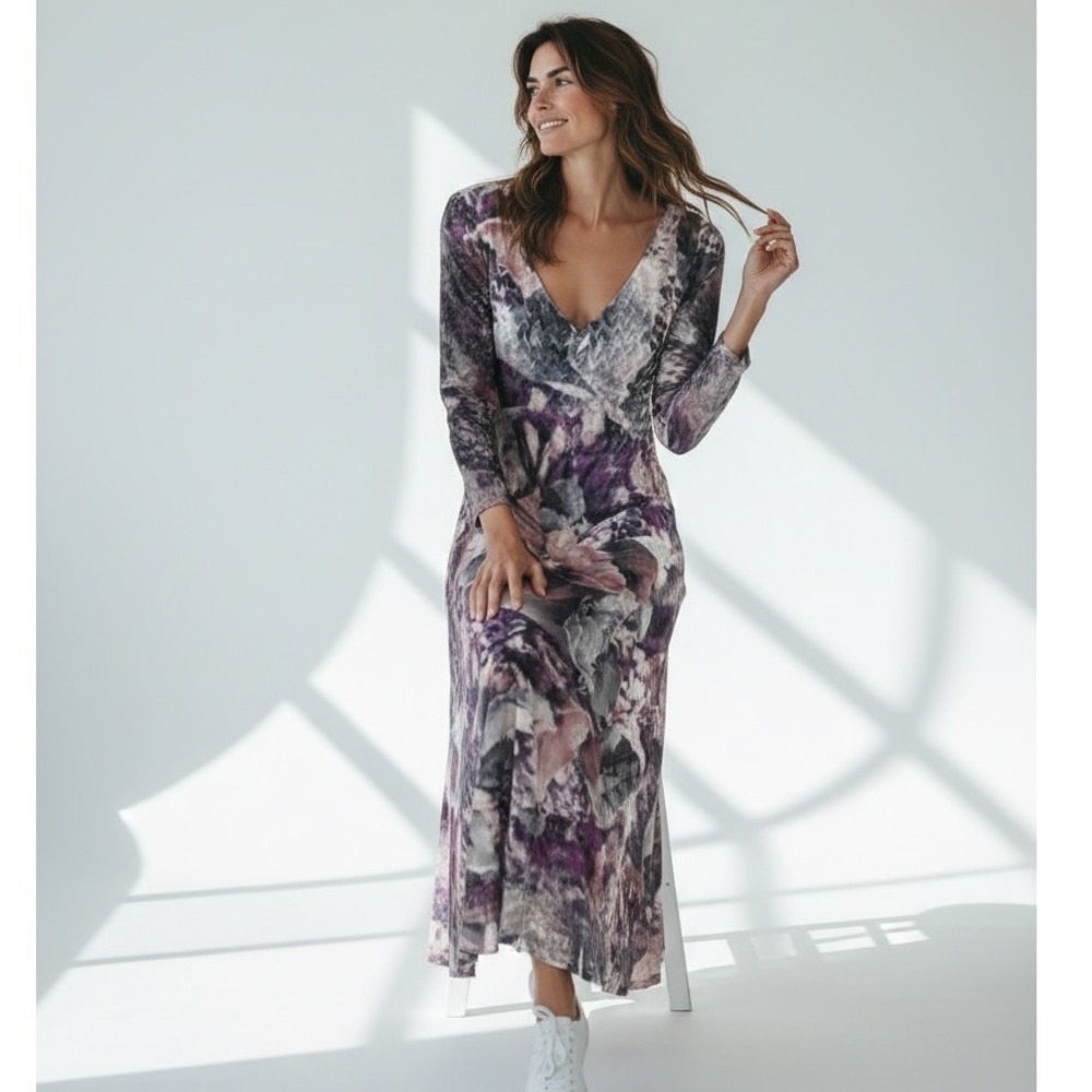 Komarov Dramatic Floral Lace‎ Sleeve Charmeuse Midi Dress - XL